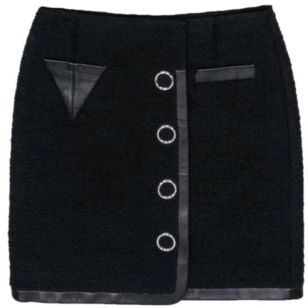 ALEXANDER WANG Black Mini Virgin Wool Tweed Skirt Lambskin Leather Trim Sz 6